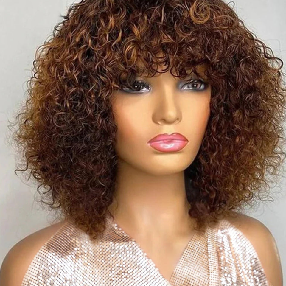 150% Density Peruvian Wet & Wavy Short Pixie Bob Wig with Bangs - Full Machine-Made Glueless Jerry Curly Tutu Wig - 100% Remy Human Hair Wear-and-Go Highlight Fringe Wig for Women (14-20 Inch) Luxegan