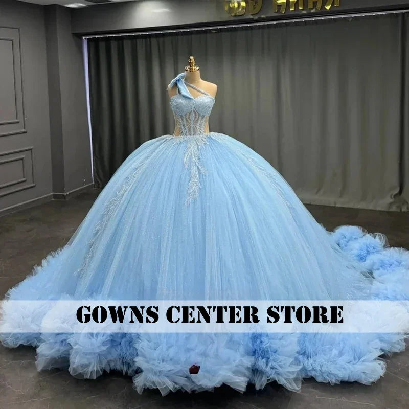 Red Puff Ruched Train Ball Gown Quinceanera Dress With Bow One Shoulder Beaded Appliques Sweet 15 Vestidos De 15 Años Customized