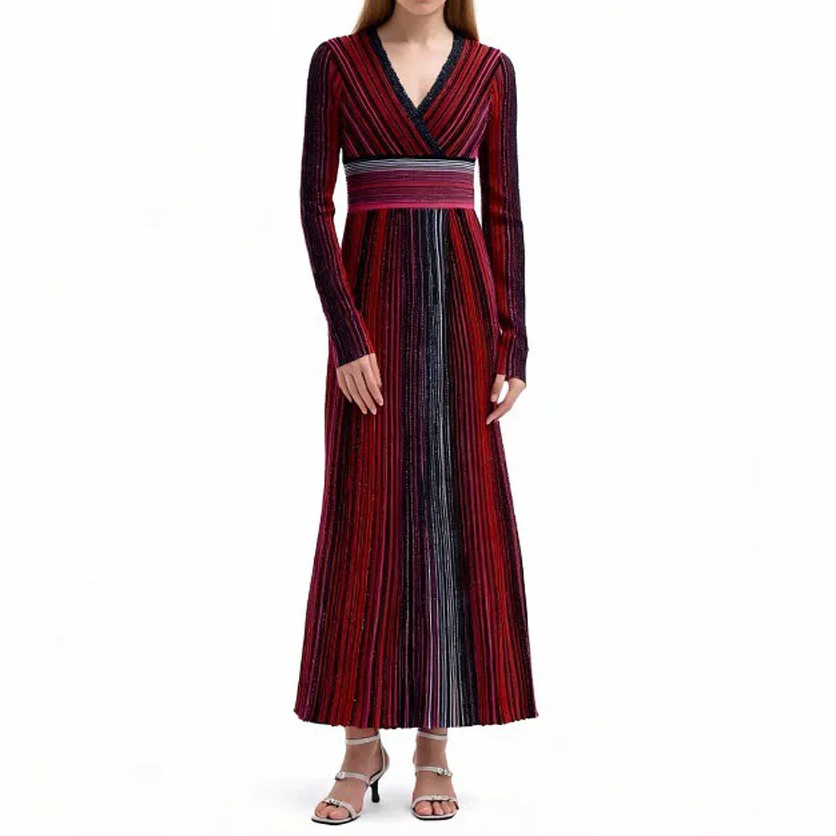 Women's Autumn Elegant Knitted Commuting Dress | Slim Fit V-Neck Long-Sleeve Maxi Gown | Fashionable Temperament Rainbow Pleated Dress | Premium Medium Stretch Ankle-Length Office Lady Knitwear Luxegan