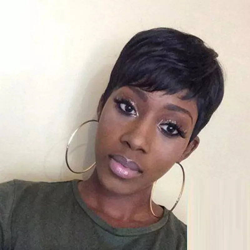 Short Pixie Cut Ready-to-Wear Human Hair Wig - Full Machine-Made Glueless Straight Wig - 100% Remy Human Hair Black, Brown & Red Color Wig for Women (Dyeable All Colors) Luxegan