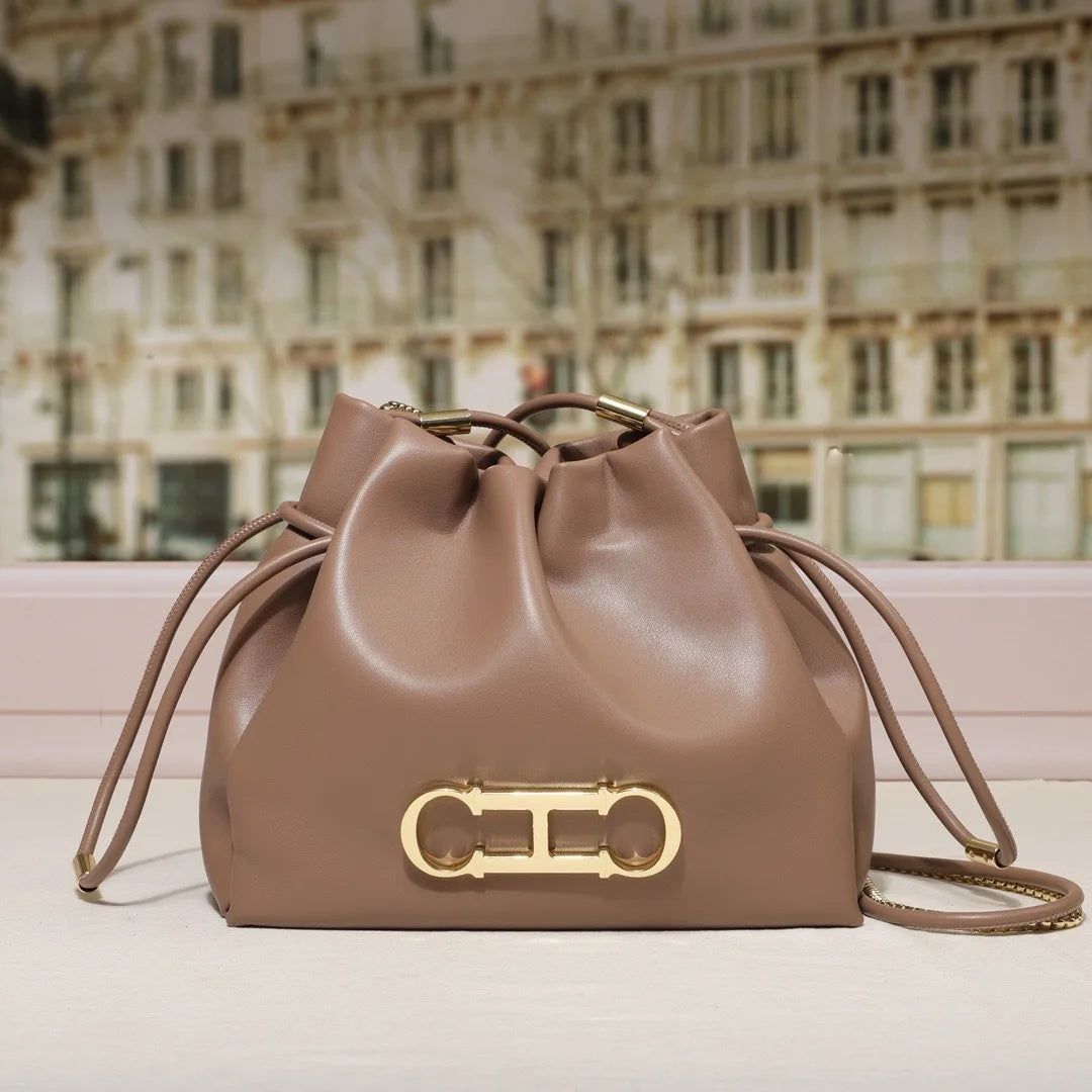 Fashionable Letter Drawstring Bucket Bag | Light Luxury Shoulder Bag for Commuting & Leisure | Soft PU Leather True Texture Bucket Purse (Model 240371) Luxegan