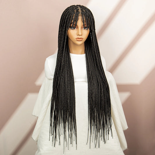34" Box Braided Full Lace Wig | Braids with Bangs | Synthetic Hair Wig for Black Women | Kanekalon