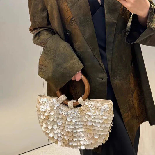 Fairy Handmade Beaded Shell Purse | Sophisticated "Bohemian" Silhouette | Elegant Pearl Sequin Top-Handle Clutch | "Dignified" High-Performance Cotton Artisan Accessory for Radiant Versatile Styling Luxegan