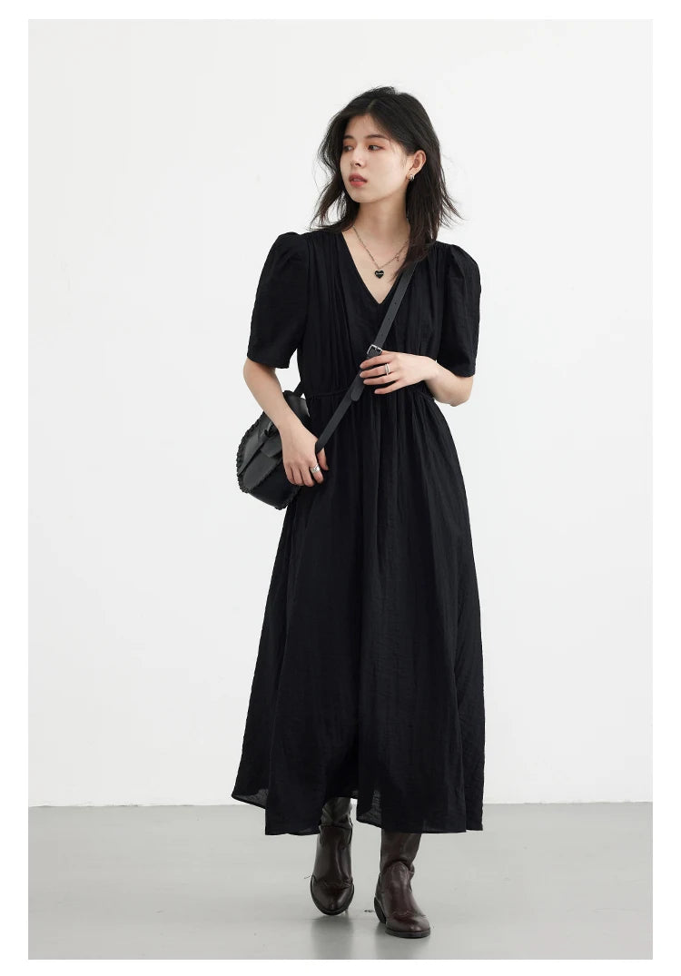 French Style Vintage V-Neck Puff Sleeve Maxi Dress | Solid Black Loose-Fit Summer Dress | Elegant Non-Stretch Ankle-Length Office Dress Luxegan