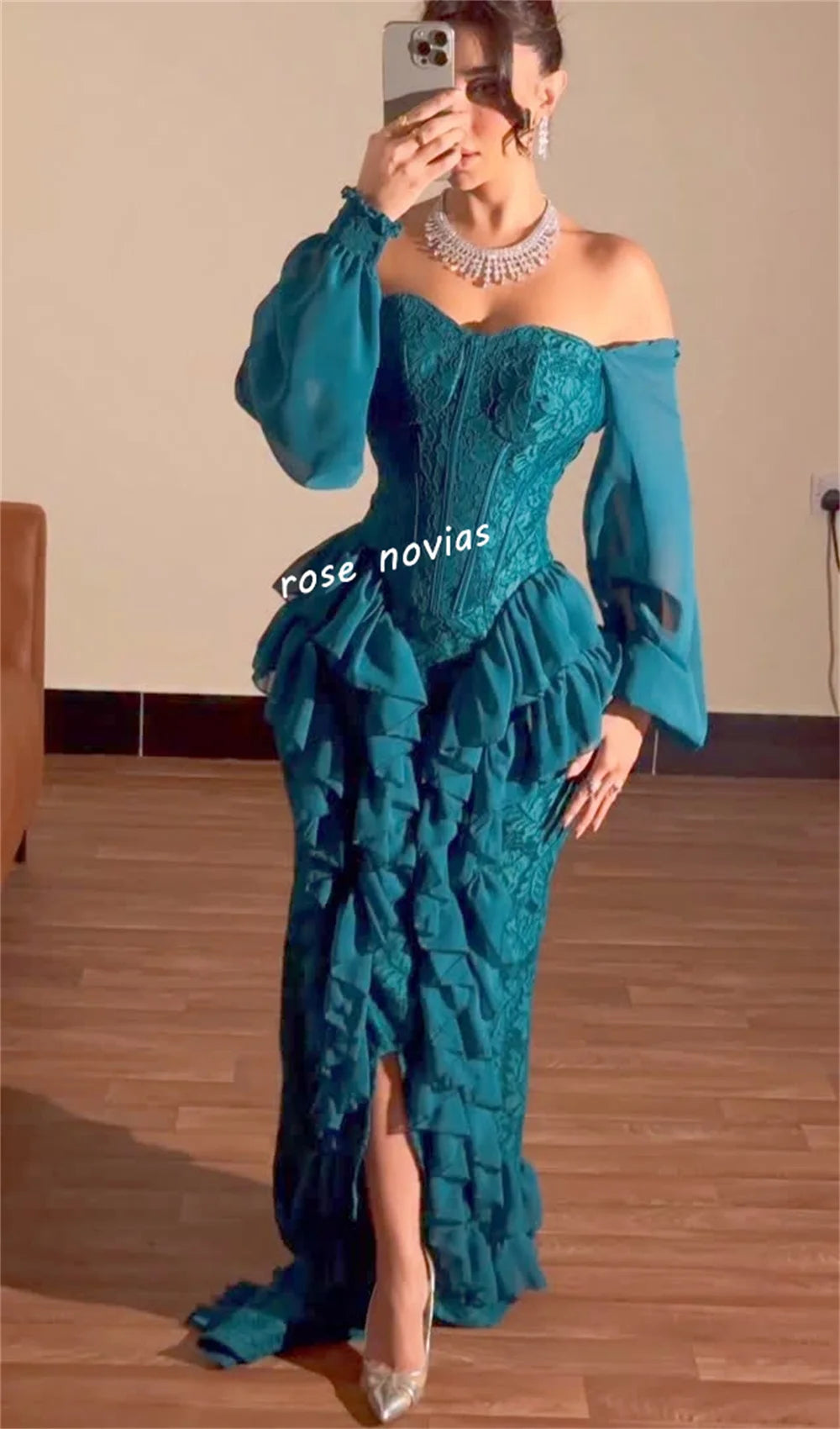 Off-the-Shoulder Sweetheart Ruffle Pleated Chiffon Trumpet Mermaid Floor-Length Evening Gown | Bespoke Formal Occasion Dress