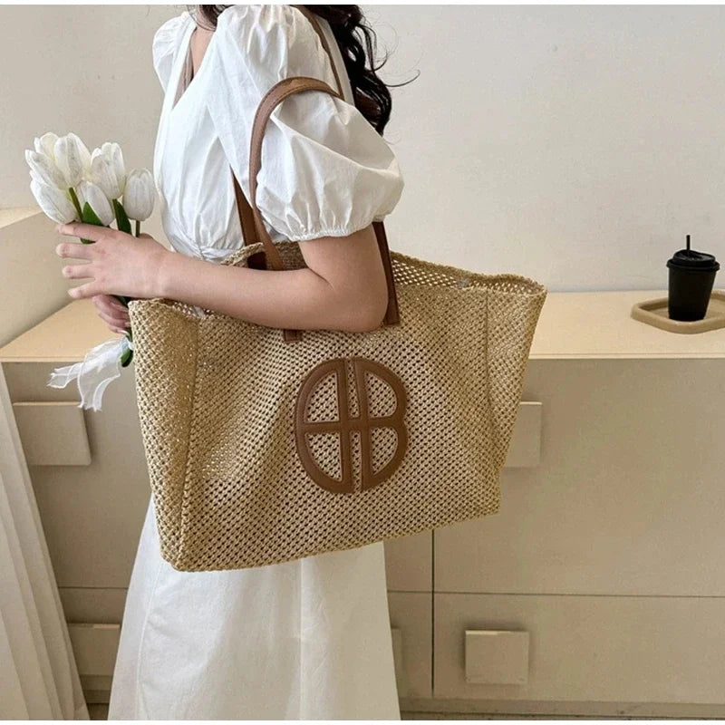 Straw Hollow Out Knitting Tote Bag | Large Capacity Handmade Shoulder Bag & Casual Beach Bag Luxegan