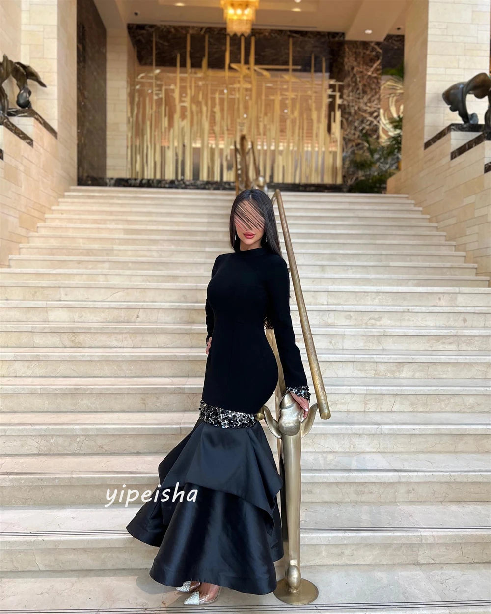 Beaded Draped Tiered High Collar Full-Length Sleeve Trumpet/Mermaid Ankle-Length Occasion Dress – Polyester Satin, Built-In Bra, Natural Waist Luxegan