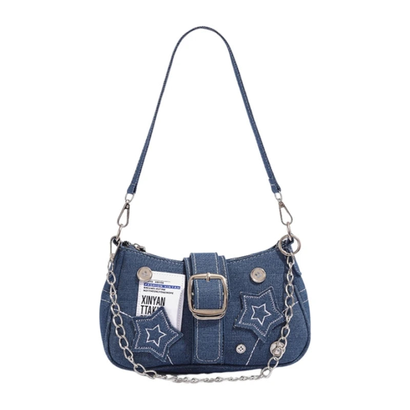 Aesthetic Women's Denim Handbag | Chain Shoulder Bag with Star Detail | Soft Underarm & Top Handle Armpit Bag for Shopping & Dating Luxegan