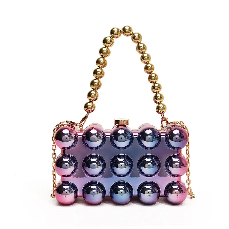 Luxury Acrylic 'Cake Box' Bag | Elegant Gold Beaded Chain Handbag Luxegan
