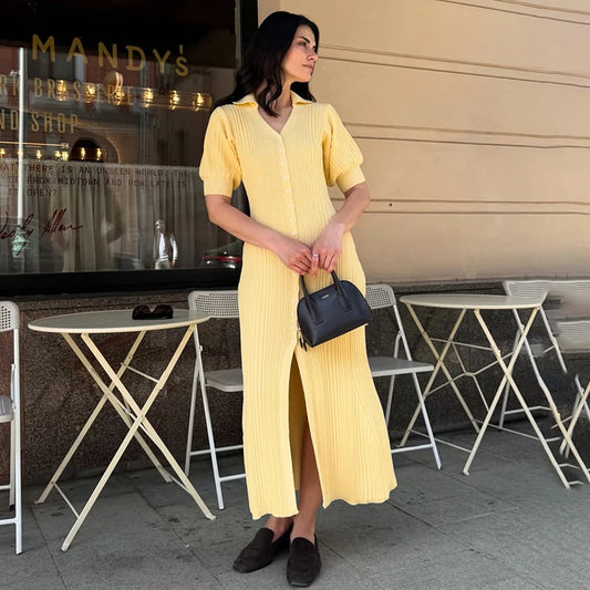 Puff-Sleeve Retro Fashion Cardigan Knit Dress | Sophisticated Turn-Down Collar A-Line Gown | Elegant "Half Sleeve" Silhouette | "Dignified" High-Stretch Sweater Dress for Radiant Versatile Summer Vacation Styling Luxegan
