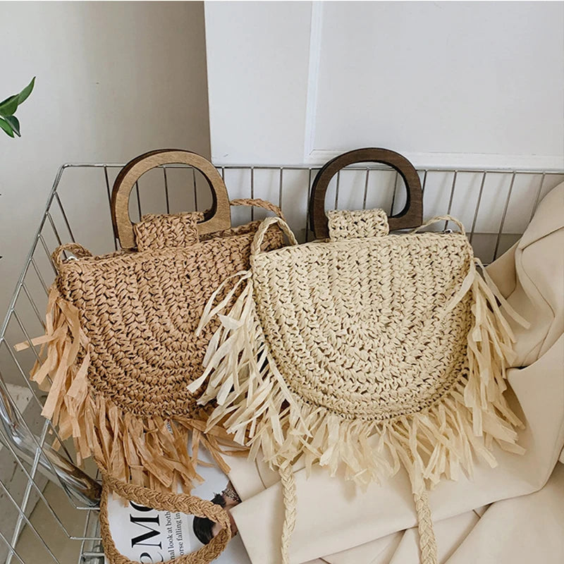 Handmade Semicircle Straw Bag | Sophisticated Woven Bohemian Crossbody | Elegant Holiday Beach Basket | Luxury "Dignified" Casual Shopping Tote with Tassel Decoration Luxegan
