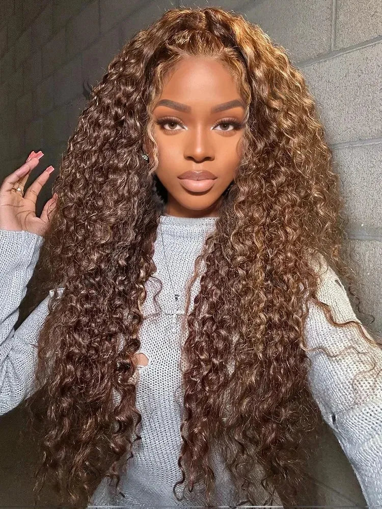 250% Density Highlight Water Wave Wig | Sophisticated 13x6 HD Transparent Lace Frontal | Elegant #4/27 Ombre Brazilian Virgin Hair | "Dignified" 30-Inch Glueless Remy Hair for Radiant Versatile Styling Luxegan