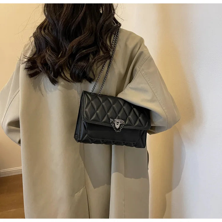 Fashionable Embossed Square Crossbody Bag | Diamond Pattern & Metal Chain Handbag Luxegan