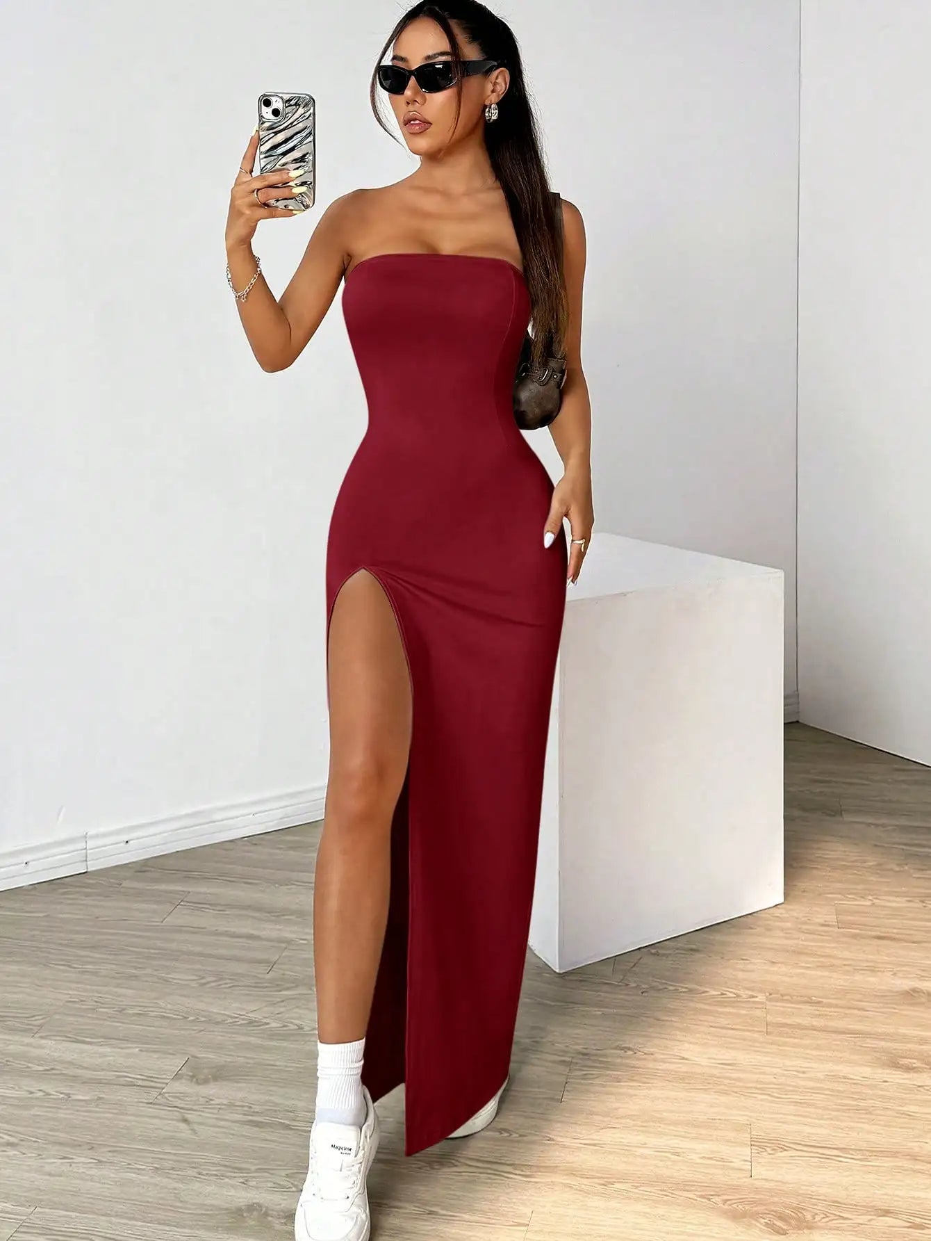 Elegant Ladies Solid Strapless Camisole Long Dress | Slim-Fit Slit Ankle-Length Chest-Wrapping Gown | Simple All-Season Basic Polyester A-Line Dress Luxegan