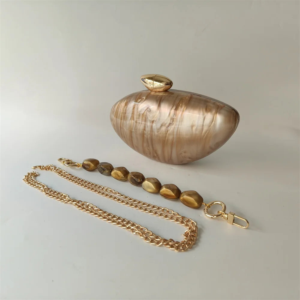 Hard Acrylic Marble Box Clutch | Pearl Chain Evening & Bridal Handbag