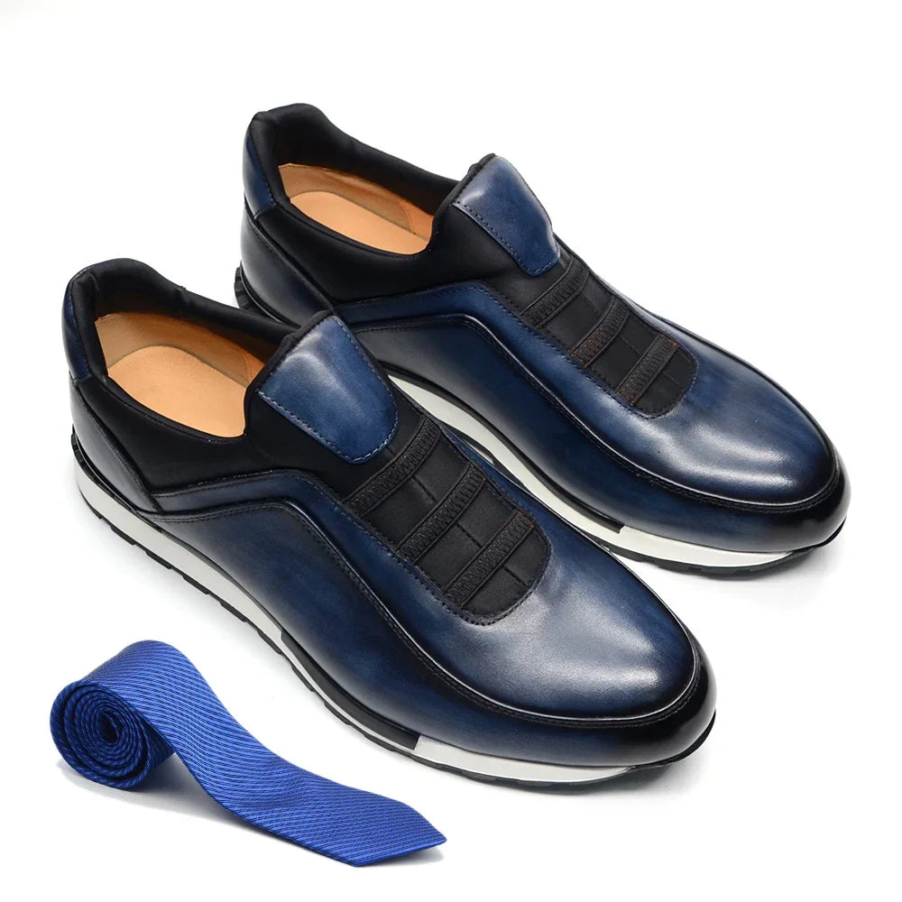 Classic Brand Design Men's Sneakers | Sophisticated Genuine Cow Leather Loafers | Elegant "Handmade Color Block" Silhouette | "Dignified" Breathable Slip-On Shoes for Radiant Versatile Styling Luxegan