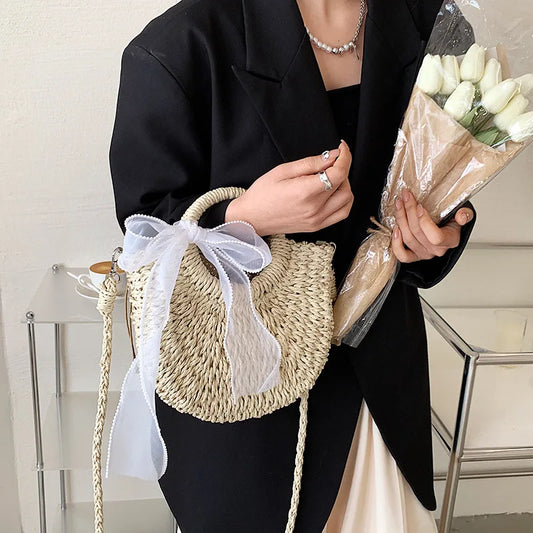 Hand-Woven Circular Straw Tote | Sophisticated Bohemian Rattan Purse | Elegant Floral-Accent Beach Bag | "Dignified" Soft Wicker Handbag for Versatile Summer Styling Luxegan