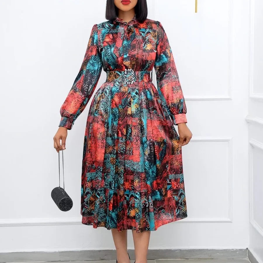 Elegant Vintage Dresses for Women Bow Collar Full Sleeve Belt Waisted A Line Mid Calf Birthday Party Dinner Vestidos Mujer Dress