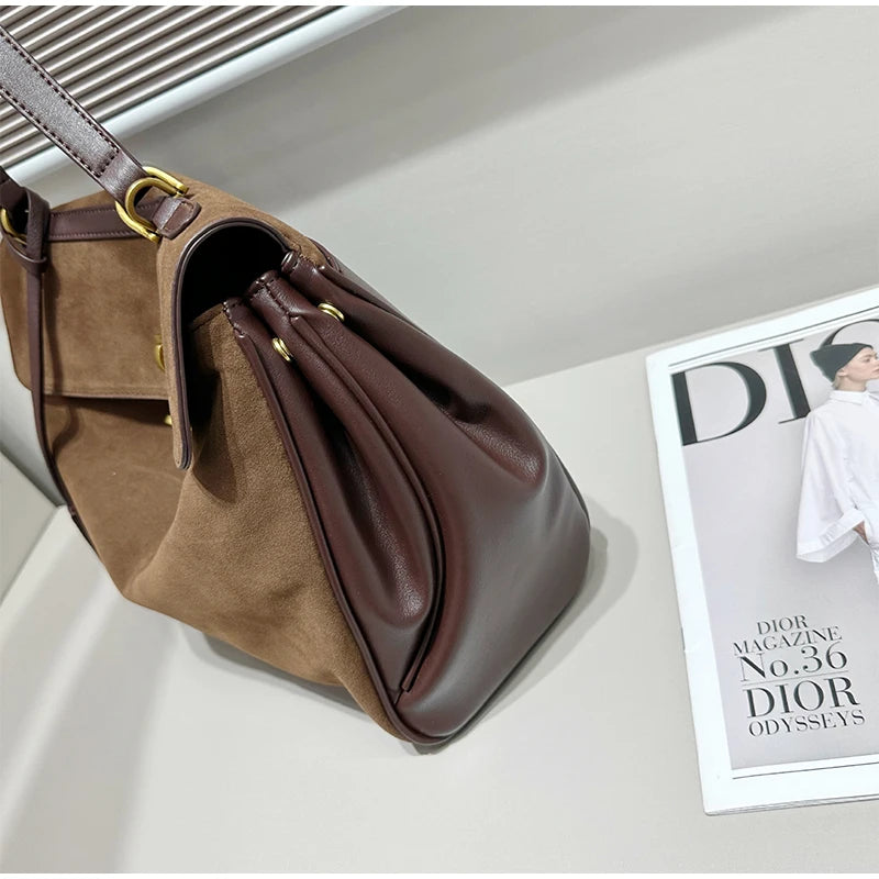 Denim/Suede Casual Tote | Soft Vintage Gold Buckle Messenger Bag Luxegan