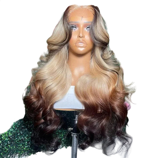 Ombre 613 Brown Body Wave Wig | Sophisticated 13x6 HD Transparent Lace Frontal | Elegant Honey Blonde Brazilian Human Hair | "Dignified" 26+ Inch Pre-Plucked Remy Hair for Radiant Versatile Styling Luxegan