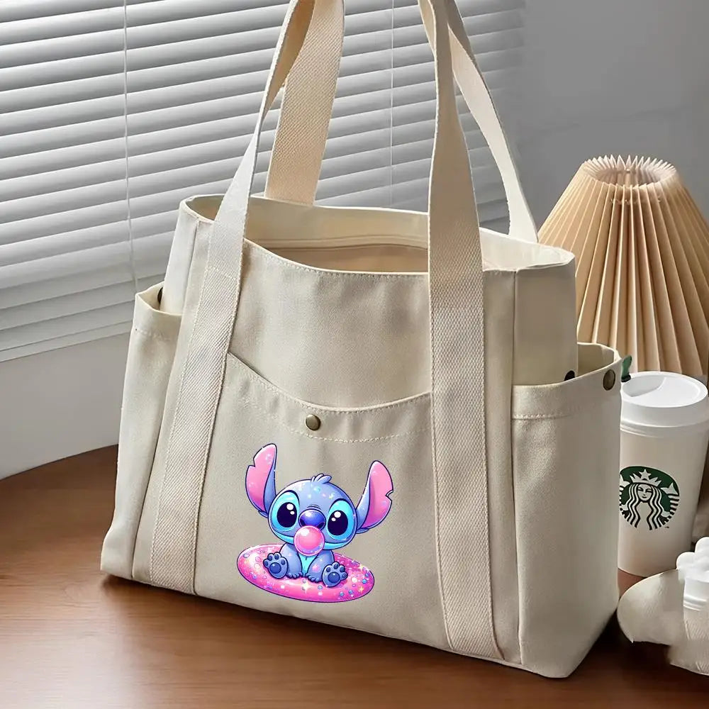Lilo & Stitch Large Canvas Tote Bag | College Style Commuter & Student Shoulder Bag | Cartoon Shopping Handbag (Unisex) Luxegan