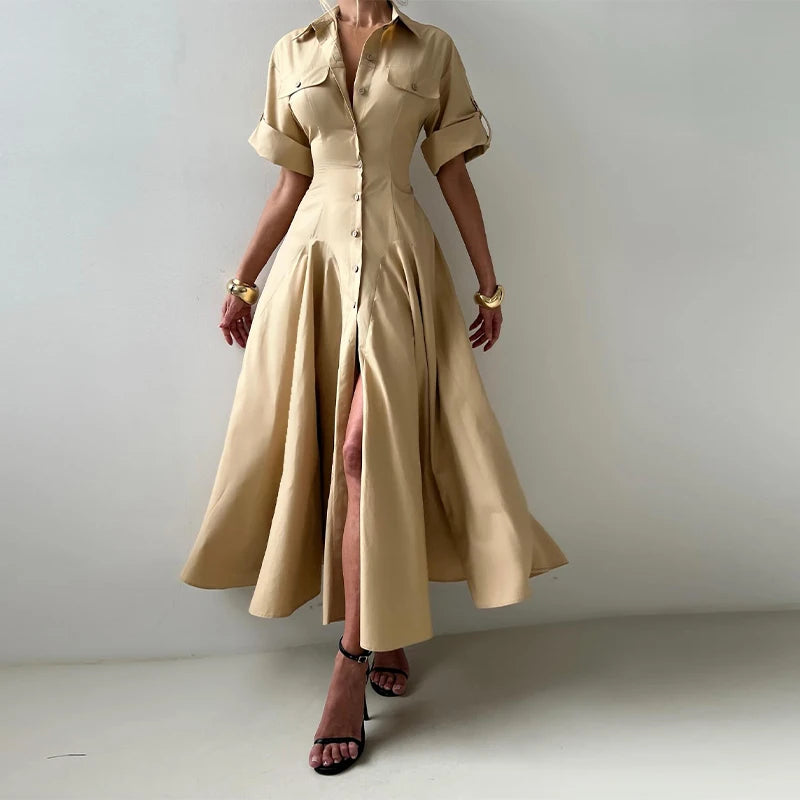 Striped & Solid Turn-Down Collar Half Sleeve Button Single-Breasted Regular Fit A-Line Mid-Calf Dress – Empire Waist, All Season Luxegan