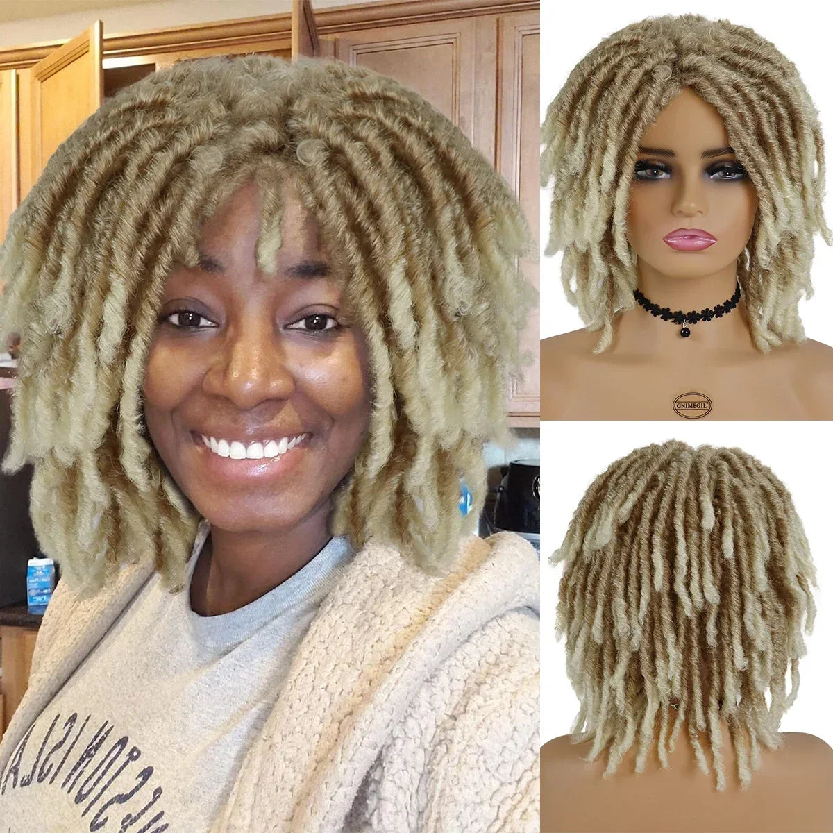 Ombre Brown Short Curly Faux Locs Wig | Crochet Braids | Afro Hip-Hop Style | Black Women