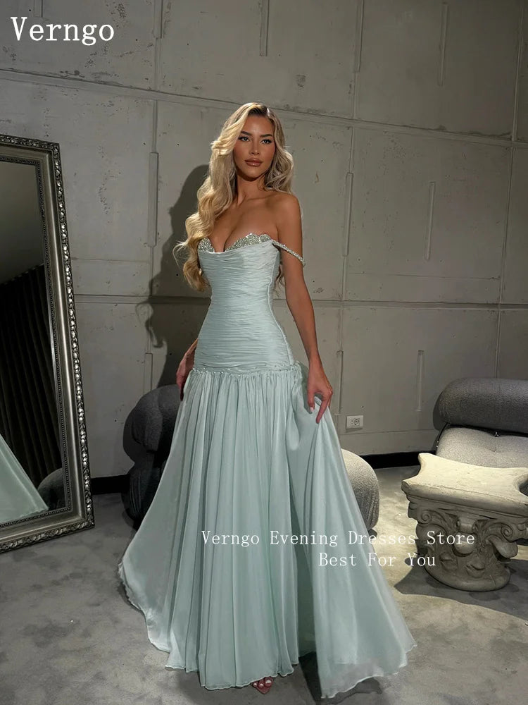 Verngo Blue Chiffon Evening Dress Off The Shoulder Mermaid Party Dresses Appliques Prom Dresses 2026Customized شارون سعيد