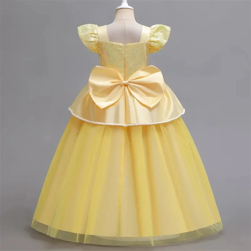 Deluxe Belle Princess Costume for Girls | Beauty and the Beast Inspired Mesh Party Dress | Elegant Square-Neck Sleeveless Mid-Calf Christmas Ball Gown with Accessories Luxegan