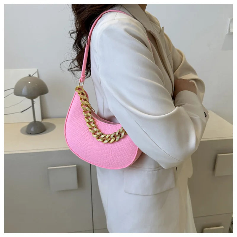 Fashion Women's Felt Handbag | Imitation Metal Chain Underarm Bag (Retro Ladies Solid Color Shoulder Bag, Trendy Casual Clutch Purse) Luxegan