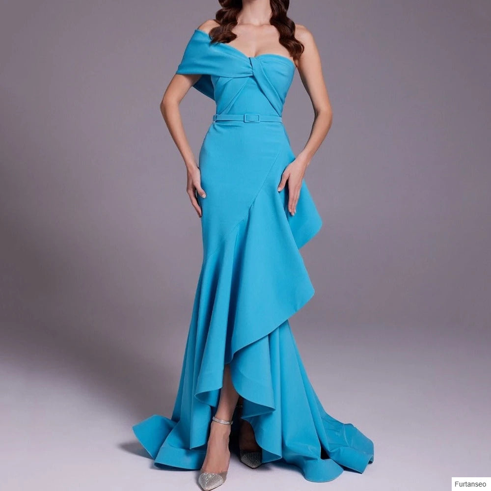 Sash Draped Mermaid Evening Gown | Off-Shoulder Sleeveless Floor-Length Prom Dress Luxegan