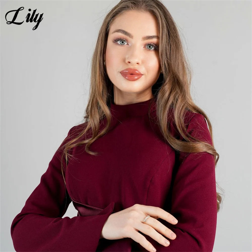 Lily Burgundy Elegant Prom Dresses High-Neck Long Sleeves Mermaid Evening Dresses Satin Muslim Formal Gowns Dubai  Customized