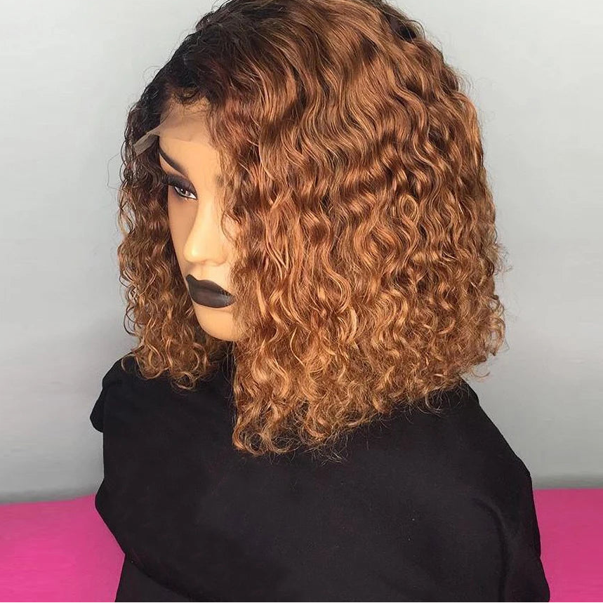 Brazilian Highlight Deep Wave Curly Bob Wig | 13x4 Transparent Swiss Lace Frontal Wig | 180% Density Peruvian Virgin Human Hair Pre-Plucked Curly Bob (14 Inch, Multi-Tonal Caramel Highlights) Luxegan