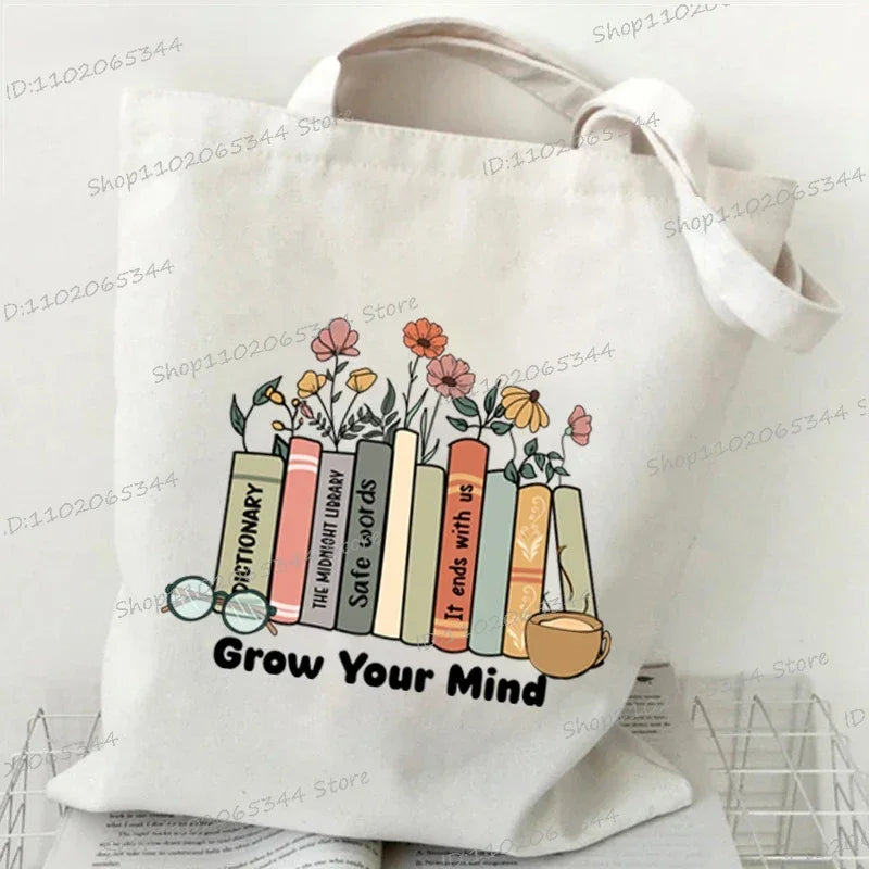 Books and Flower Print Canvas Tote | Casual Reusable Shopping Bag Luxegan