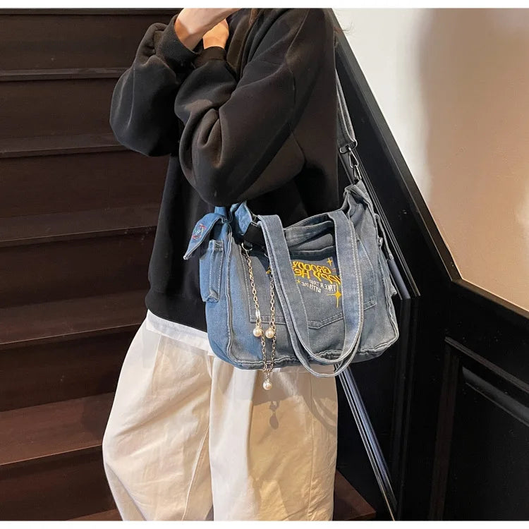 Large Capacity Denim Bag for Women | Casual Versatile Crossbody Commuting Bag | Travel Storage Bucket Handbag Luxegan