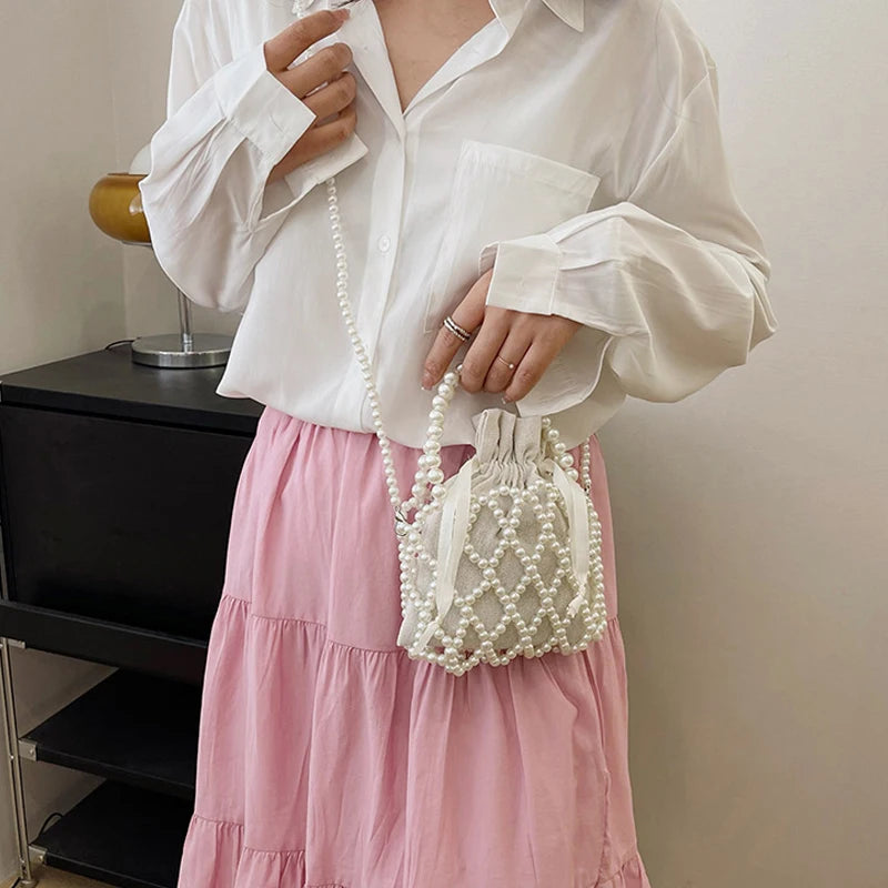 Luxury Pearl Women’s Bucket Tote | Sophisticated Woven Pearl Crossbody Bag | Elegant Small Wallet Handbag | Fashion-Forward "Dignified" Drawstring Purse with Bow Decoration Luxegan