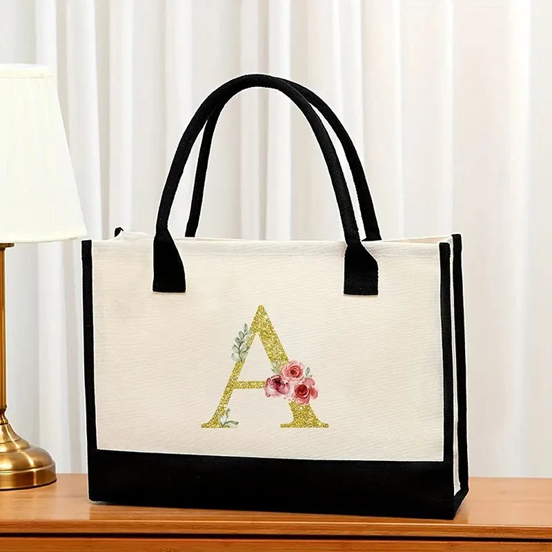 Canvas Gold Letter Fashion Tote Bag | Trendy Metallic Initial Handbag | Large Capacity Canvas Shopping Bag & Daily Satchel for Women Luxegan