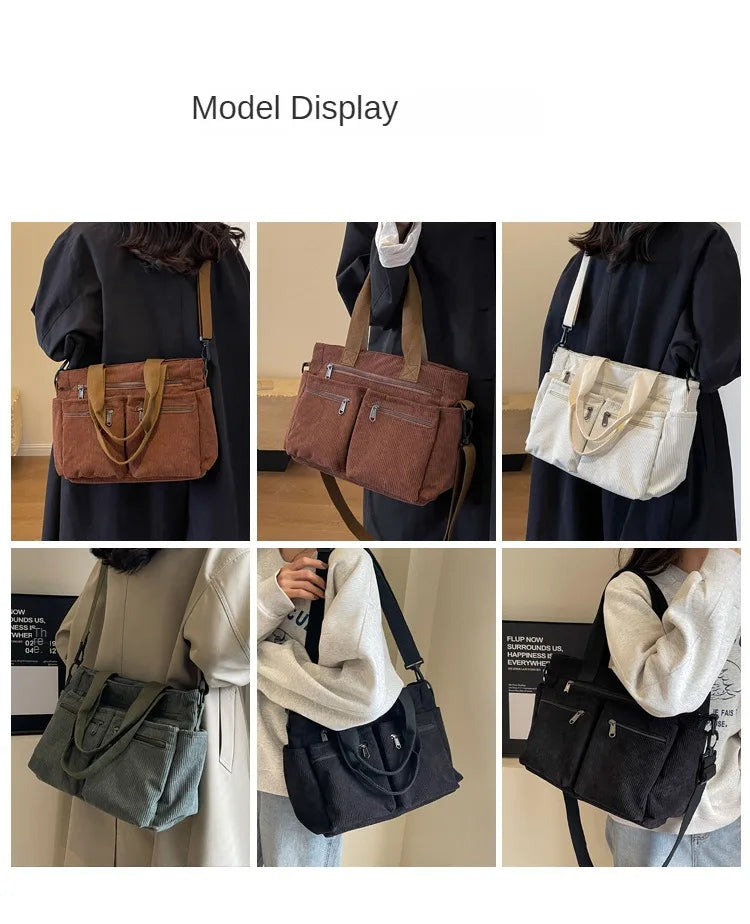 Female Large Capacity Corduroy Tote Bag | New Korean Style Fashion Women's Shoulder Crossbody Bag (Worker Commuter Handlebag)