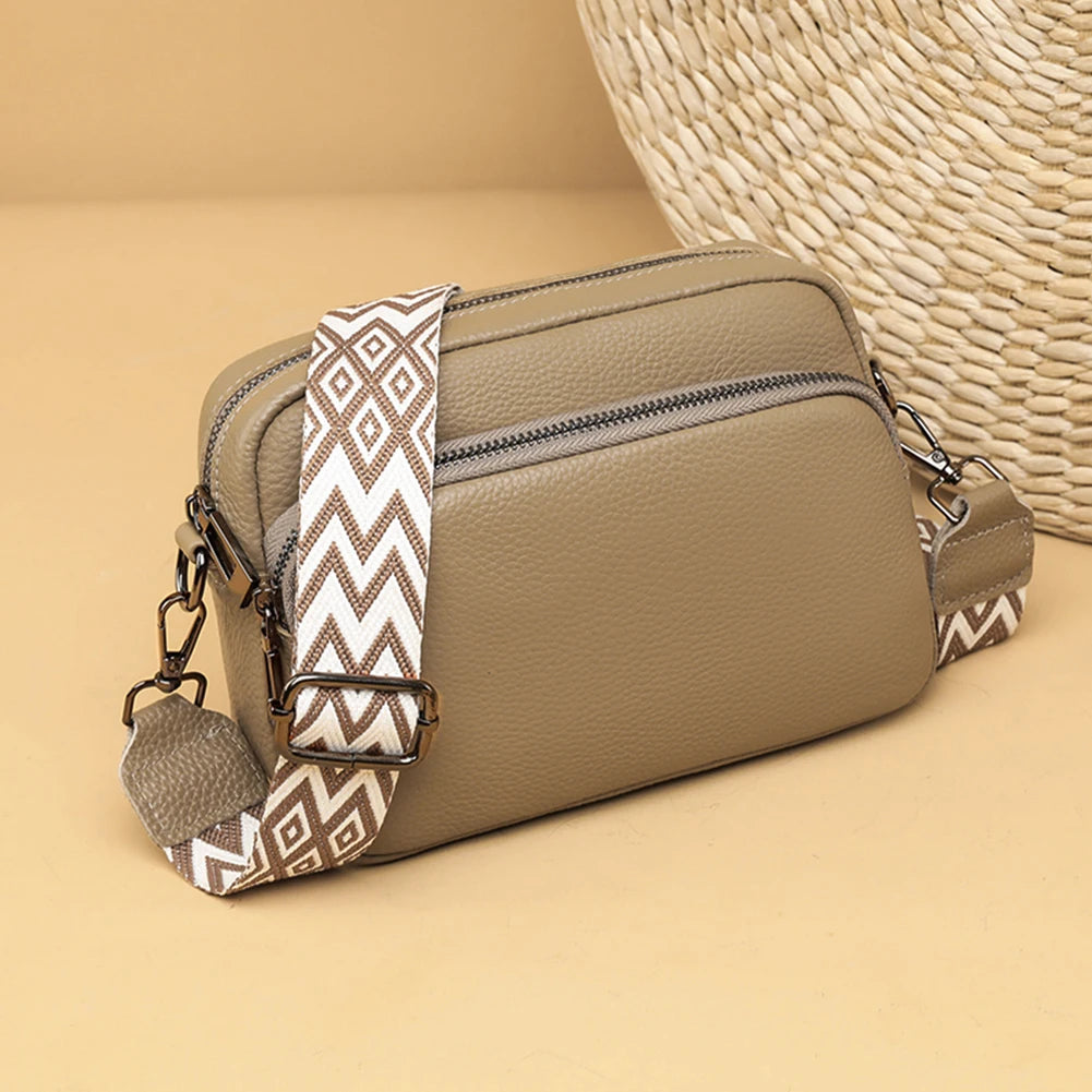 Genuine Leather Wide Strap Shoulder Bag | Solid Color Crossbody & Phone Bag Luxegan