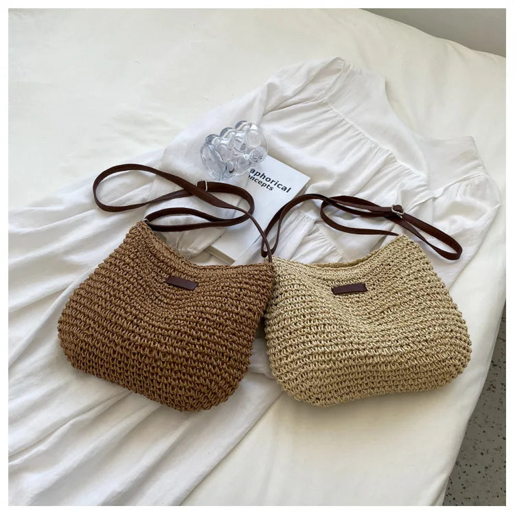 Women’s Fashion Straw Shoulder Bag | Large Capacity Paper Woven Handbag | Casual Summer Beach Tote with Zipper Closure | Minimalist Daily Straw Purse Luxegan