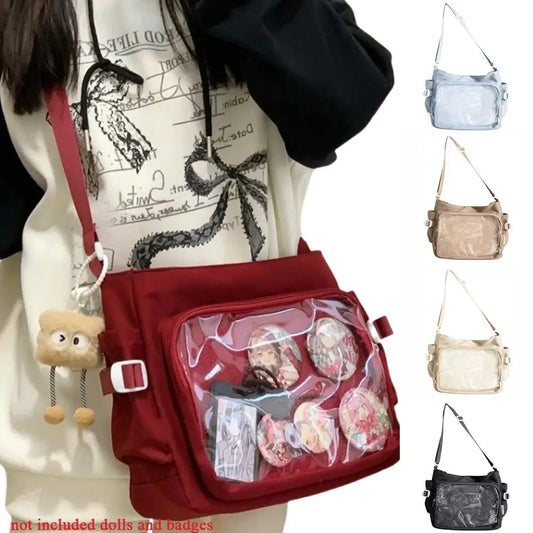 HOT Y2K Harajuku Shoulder Bag | Japanese Fashion Ita Bag with Clear Window | College Style Crossbody Messenger | Trendy PVC DIY Display Tote for Women (Model YJ93143) Luxegan