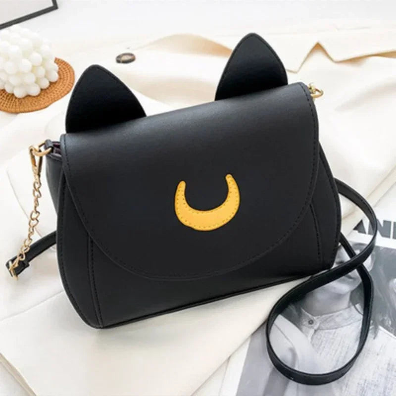 Sailor Moon Inspired Luna Cat Bag | Sophisticated PU Leather Square Shoulder Purse | Elegant Black Chain-Strap Messenger | "Dignified" Soft Crossbody for Versatile Fashion Styling Luxegan
