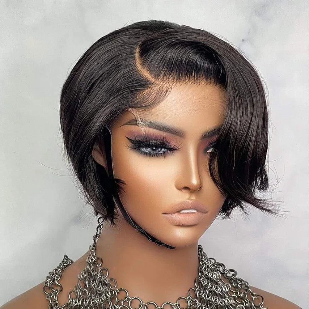 Asymmetrical Side-Part Straight Pixie Bob Wig | 13x1 Transparent Swiss Lace Frontal Wig | 100% Brazilian Remy Human Hair Short Straight Pixie Cut Wig for Women (Natural Black) Luxegan