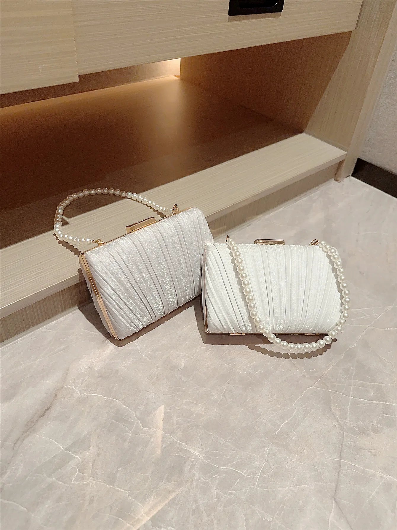 Ladies' Casual Pleated Satin Box Dinner Bag | Faux Pearl Handbag & Wedding Clutch Luxegan