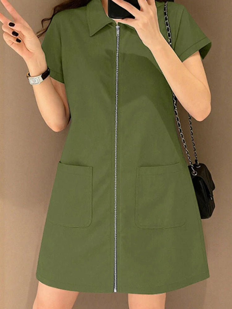 Lapel Collar Shirt Mini Dress | Short Sleeve A-Line Shirtdress with Pockets Luxegan