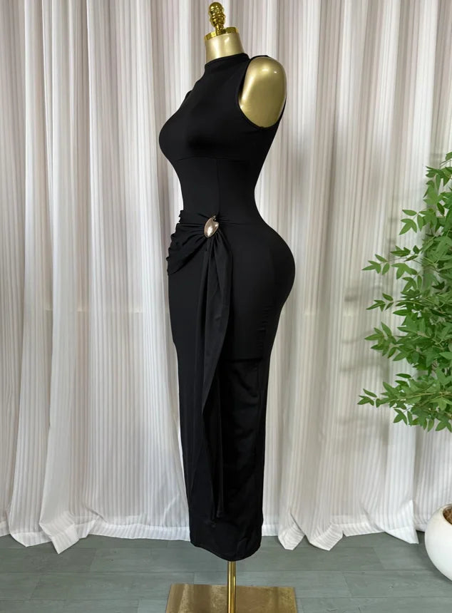 Women's Sleeveless Stacked Ruched Side-Up Dress | Sexy O-Neck Cocktail Evening Party Gown | Trendy Birthday Club Bodycon Maxi Dress | Premium Medium Stretch Brocade Empire Waist Pencil Vestido Luxegan 