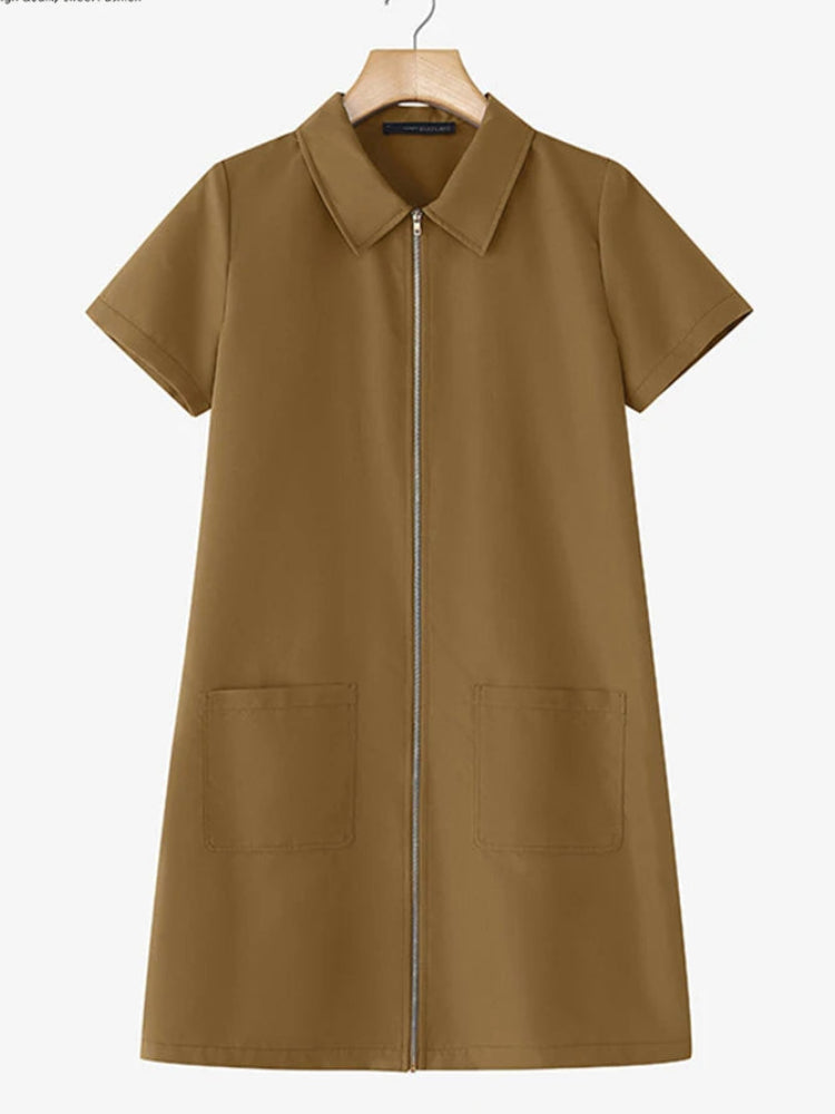 Lapel Collar Shirt Mini Dress | Short Sleeve A-Line Shirtdress with Pockets Luxegan