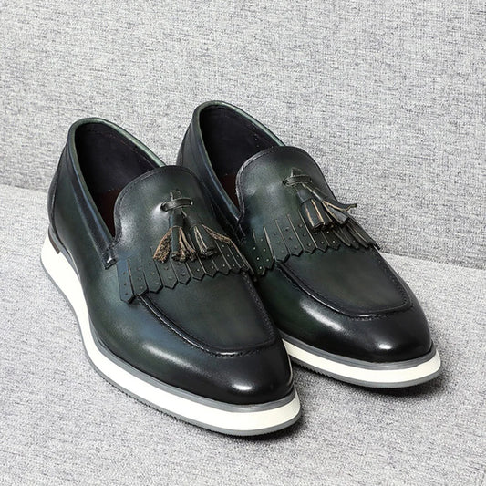 Classic Original Men's Genuine Leather Tassel Loafers | Elegant Black & Green Casual Business Flat Shoes Luxegan