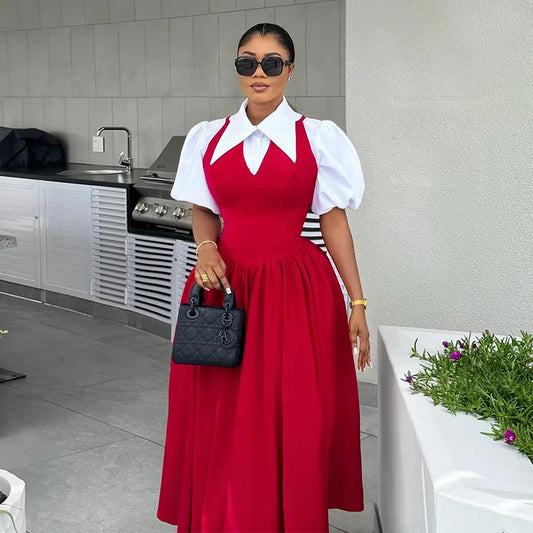 Turn-Down Collar Puff Sleeve Ruched Pleated Ball Gown Maxi Dress | High Waist Knit Swing Streetwear Dress Luxegan