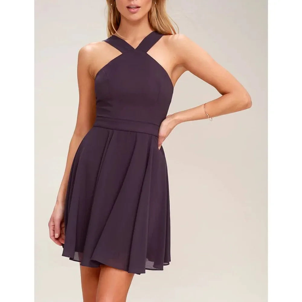 Solid Halter Sleeveless Hollow-Out Loose Fit A-Line Mini Dress – Non-Stretch Chiffon, Empire Waist, Summer Luxegan